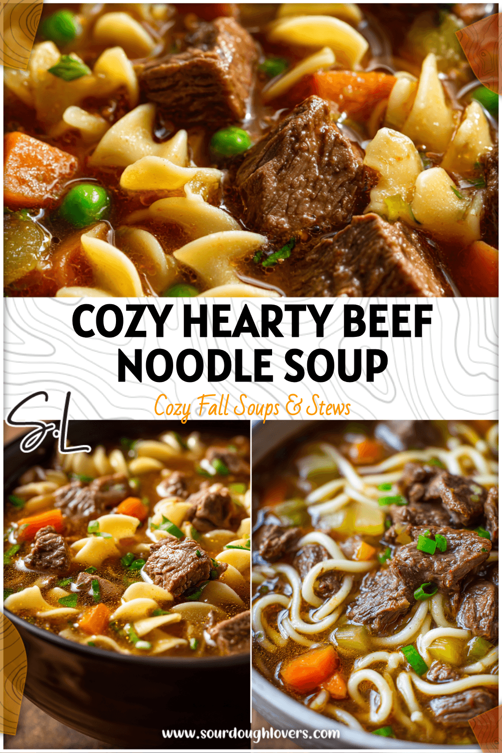 Bowl of Hearty Noodle Soup filled with chopped stew meat, noodles, and vegetables in beef broth.